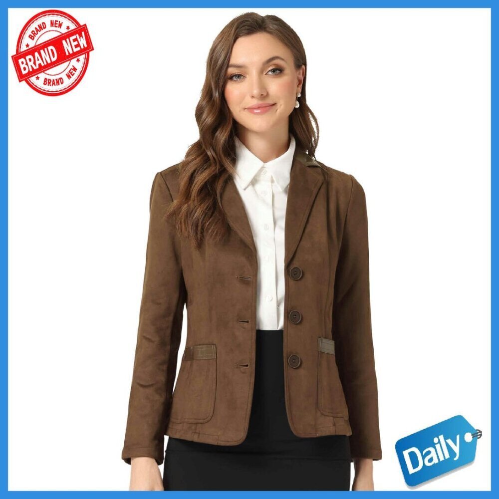 Faux Suede Blazer Lapel Collar Button Front Long Sleeve Jacket Office Wear